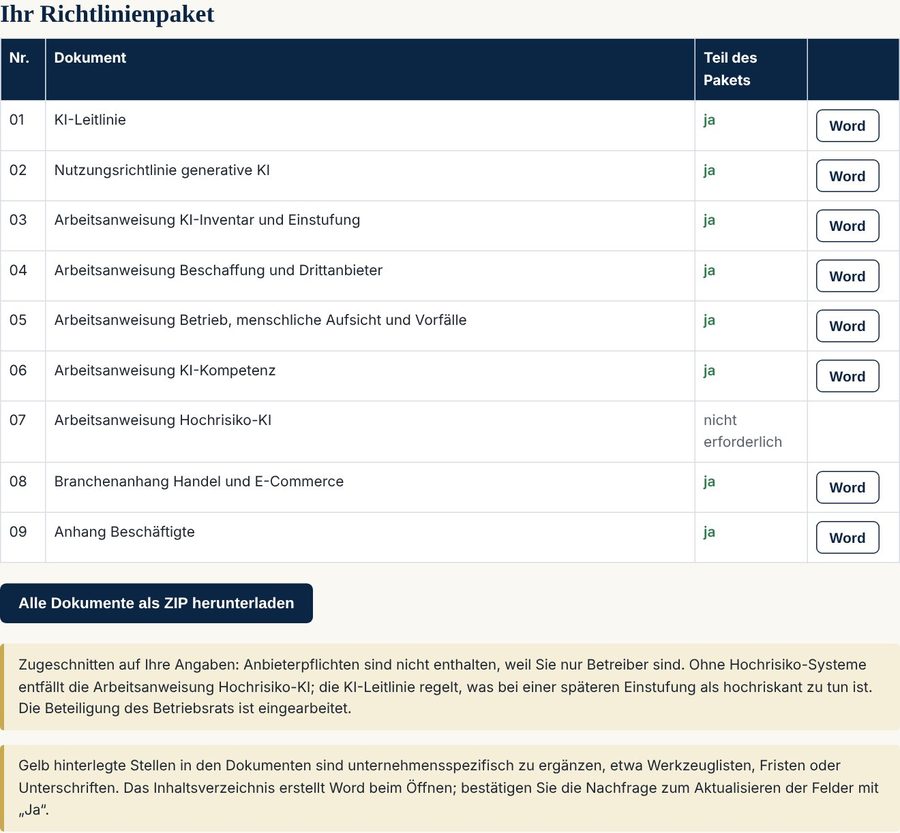 Ergebnisansicht des KI-Richtliniengenerators mit neun Dokumenten für ein Handelsunternehmen